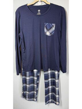 MoFiz Womens Small Pajama Set Blue Plaid Lounge Sleepwear Soft Cozy